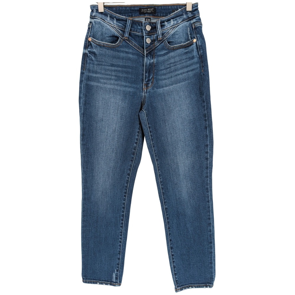 Judy Blue Slim Fit V-Yoke Jeans 3/26 Blue High Rise Distressed Cowgirl Boho Chic